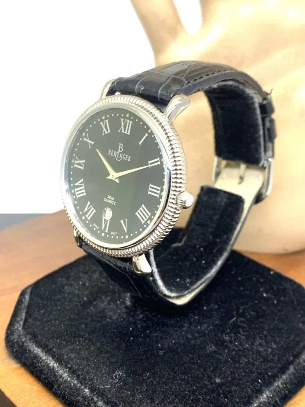 Bergenger Men's Watch Quartz Black Dial Silver Tone Case Leather Strap 38mm